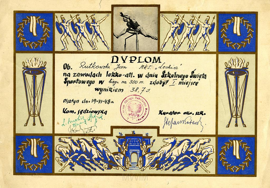 KKE 3243.jpg - Dyplom, Jana Rutkowskiego za I m.300m, Olsztyn, 1948 r.